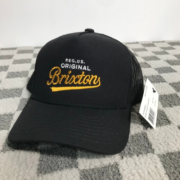 Brixton Postal Trucker Hat Cap Black Gold Logo Snapback Mens - Picture 1 of 9